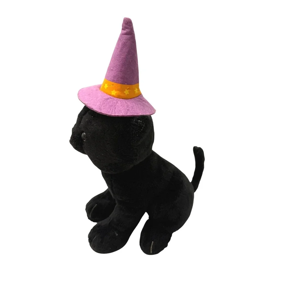 Hallmark‎ Halloween Black Cat Plush Witch Hat Purple Orange Stars 10.5 Inch